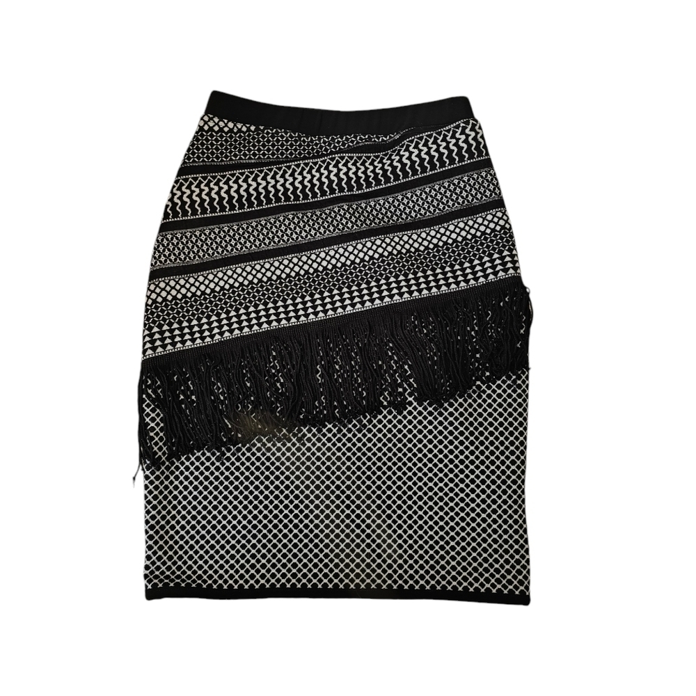 Joseph Ribkoff Black and White Patterned Midi Skirt with Fringe Detail Sz XS - S